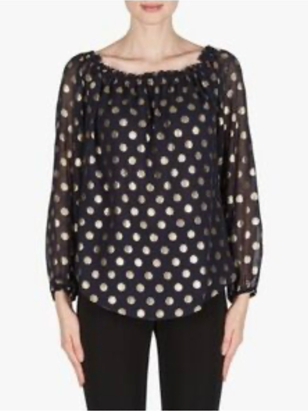 Joseph Ribkoff Navy and Gold Polka Dot Off-Shoulder Pillow Sleeve Ruffle Blouse - Picture 2 of 12